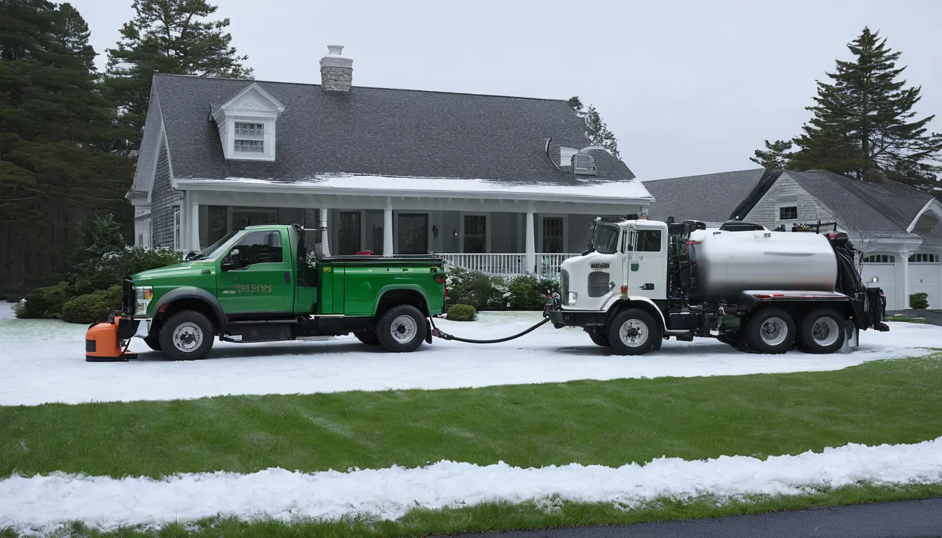 A septic tank pumping truck parked at a Yonkers home with a provider at the tank lid