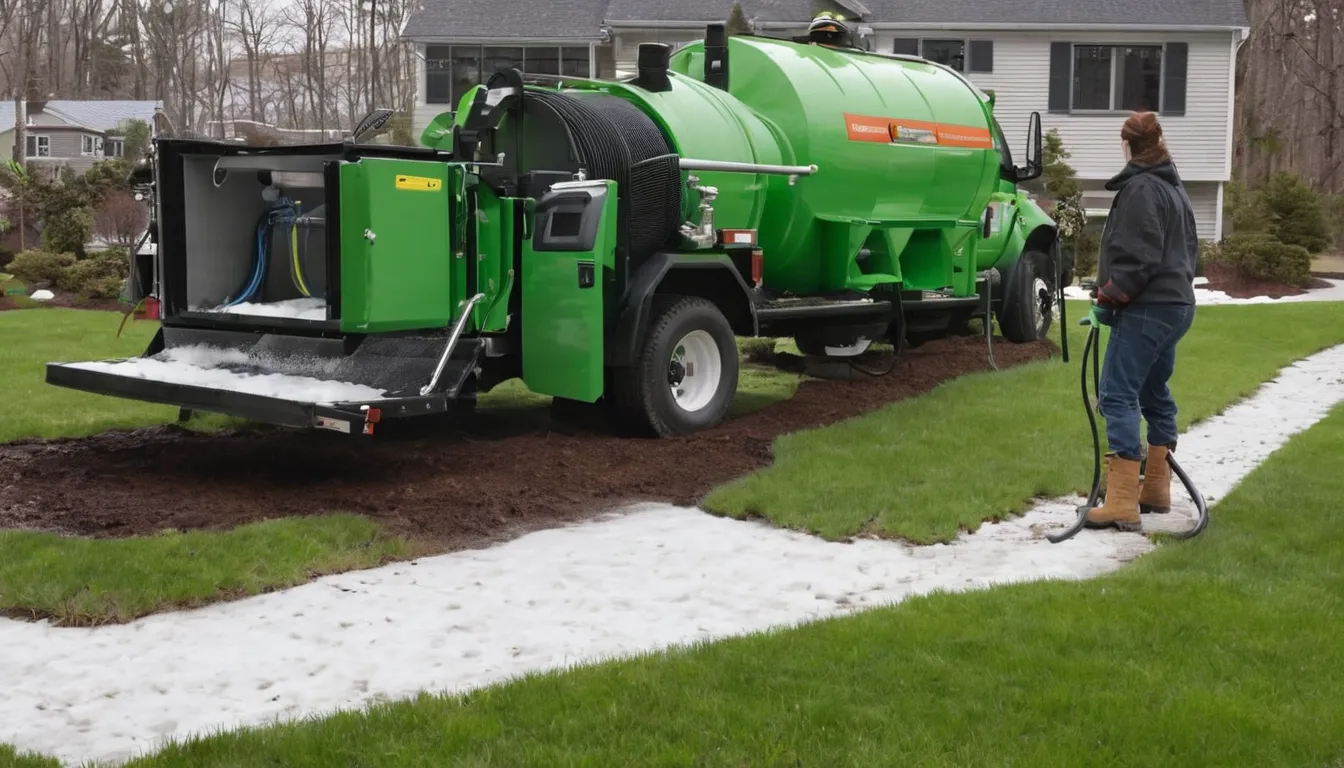Septic tank pumping truck parked at a home near Yonkers while a provider works at the tank lid